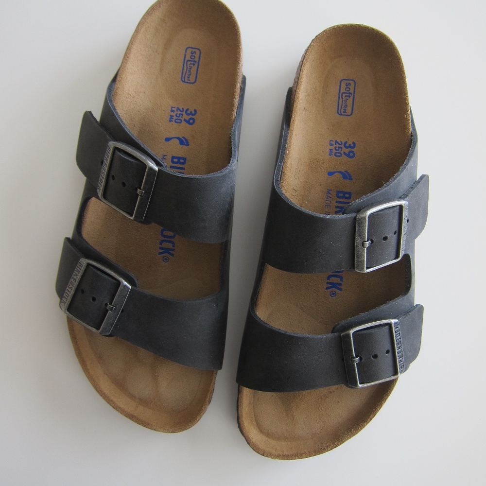BIRKENSTOCK ARIZONA SOFT BED BLACK LEATHER SIZE 39 NIB SOFT FOOTBED